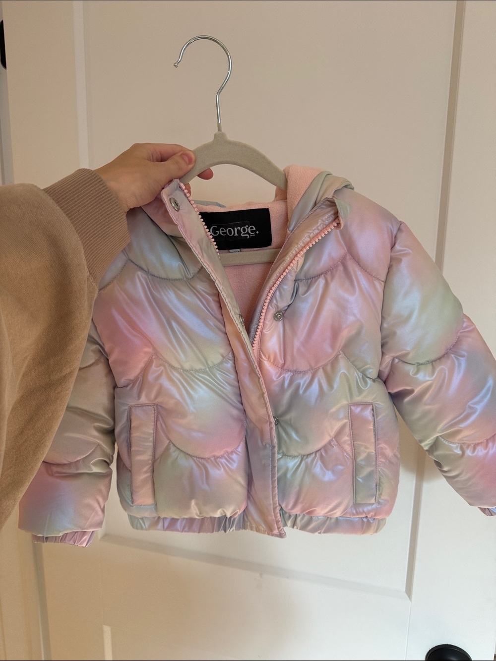 George Iridescent Pastel Puffer Jacket in Pink and Light Blue